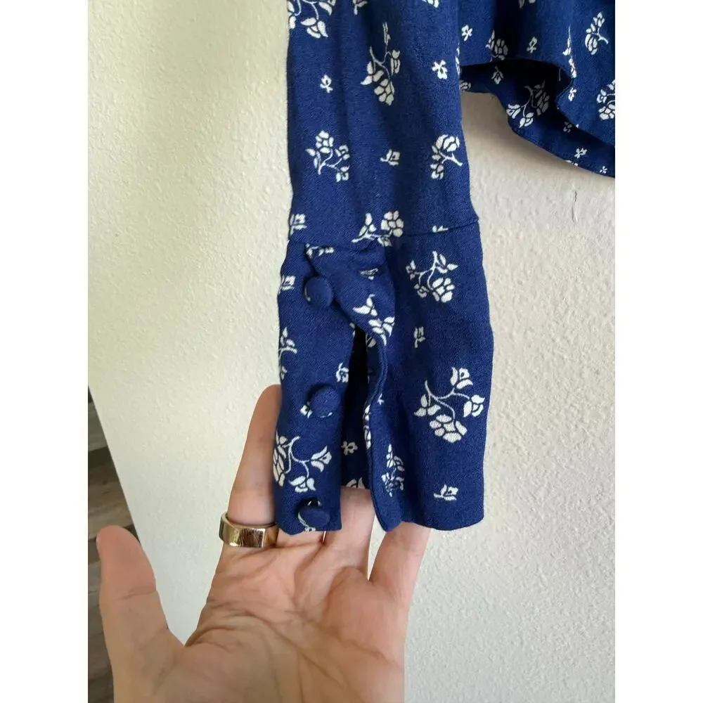 Reformation Nell Blue White Floral Puff Sleeve Fitted Blouse Size 4